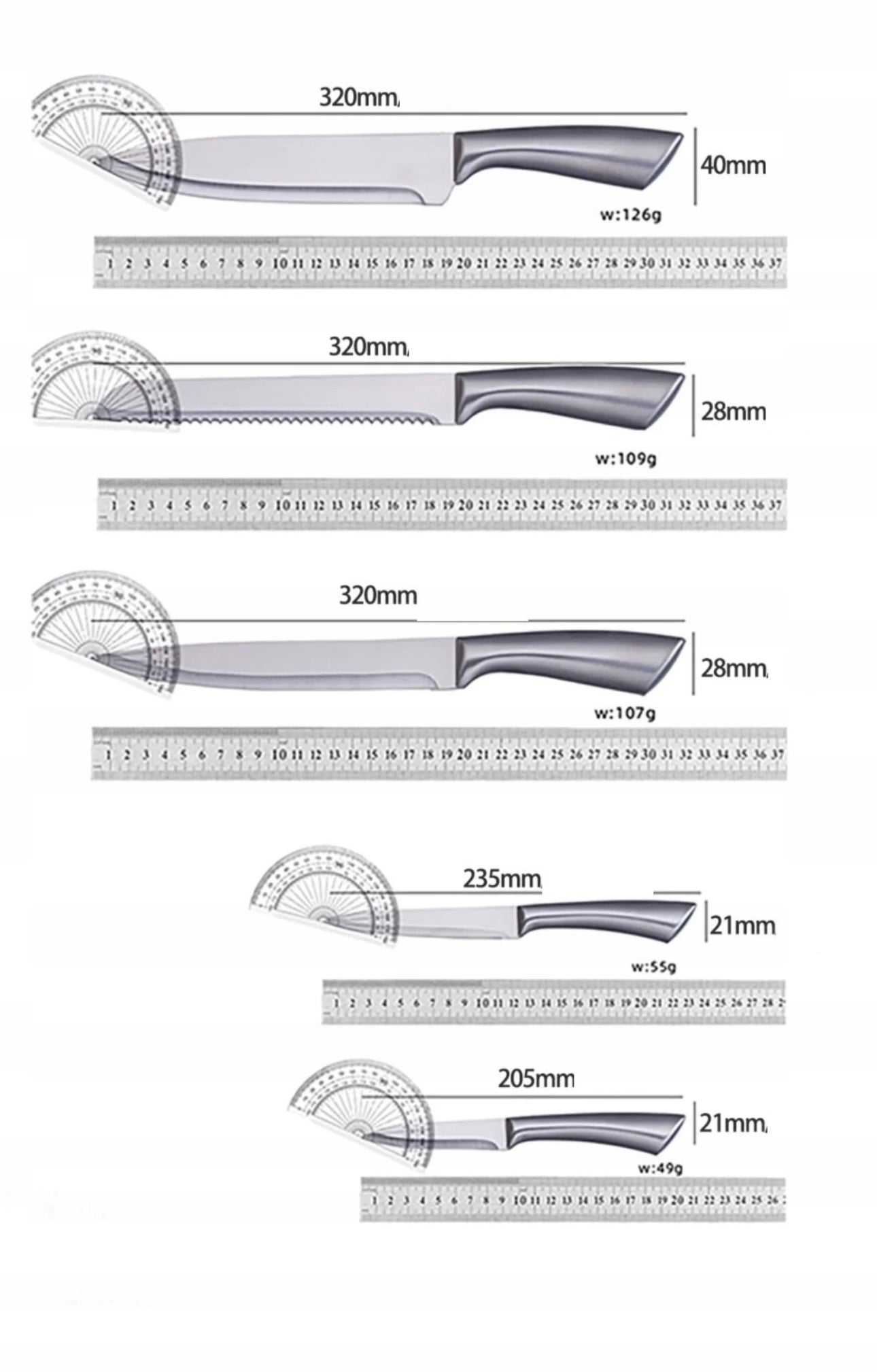 Sett med 5 kjøkkenkniver i rustfritt stål, lengder fra 9 cm til 20 cm, ergonomiske håndtak for komfort, sølvfarge og slitesterk kvalitet, perfekt for matlaging og presis kutting.