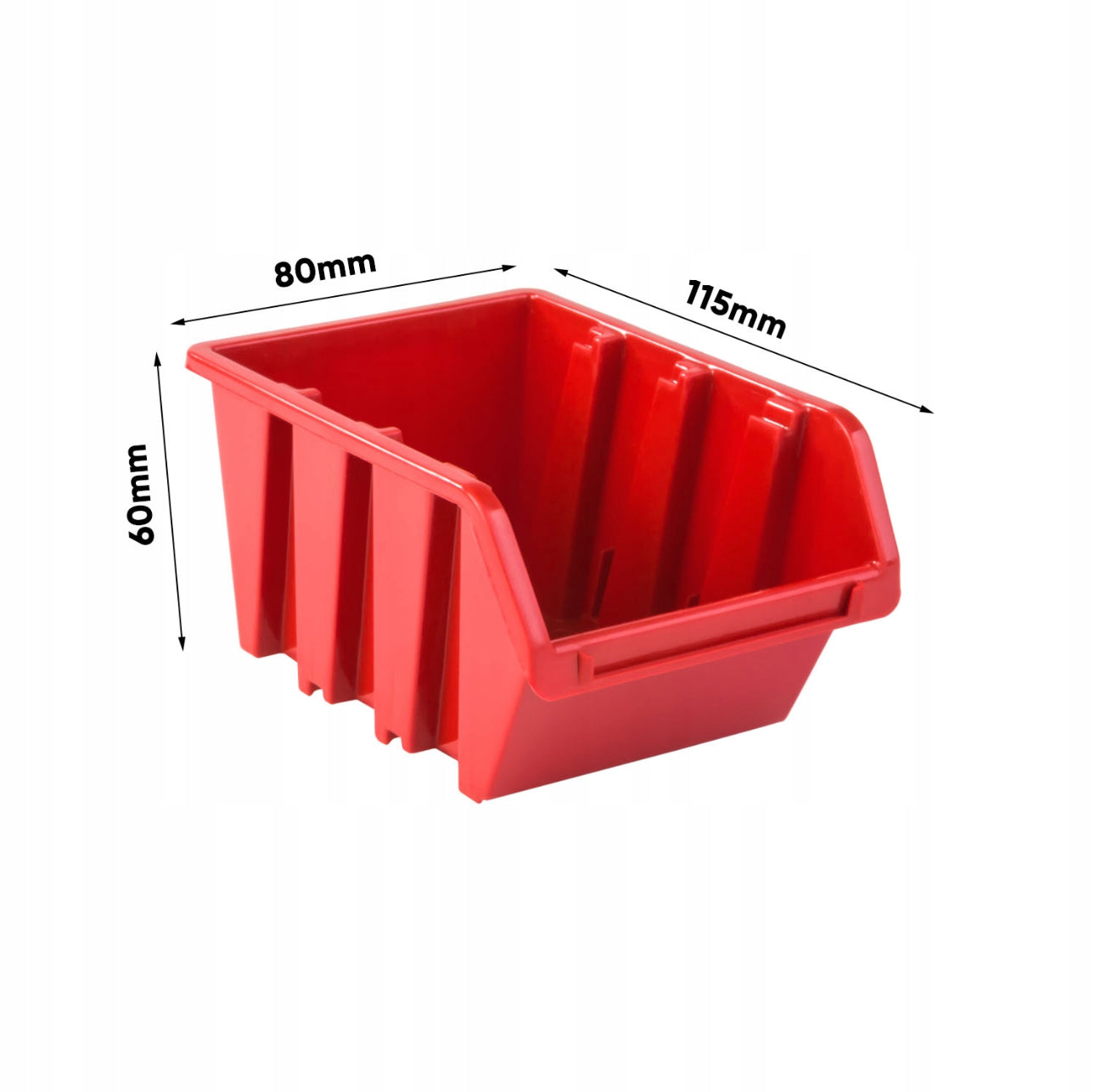 Vegghengt oppbevaringssystem med 25 røde plastbokser (115x80x60 mm) og svart monteringsplate (386x390 mm). Perfekt for sortering av skruer, muttere og smådeler. Laget av slitesterk plast og metall for langvarig bruk. Ideell til verksted og garasje.