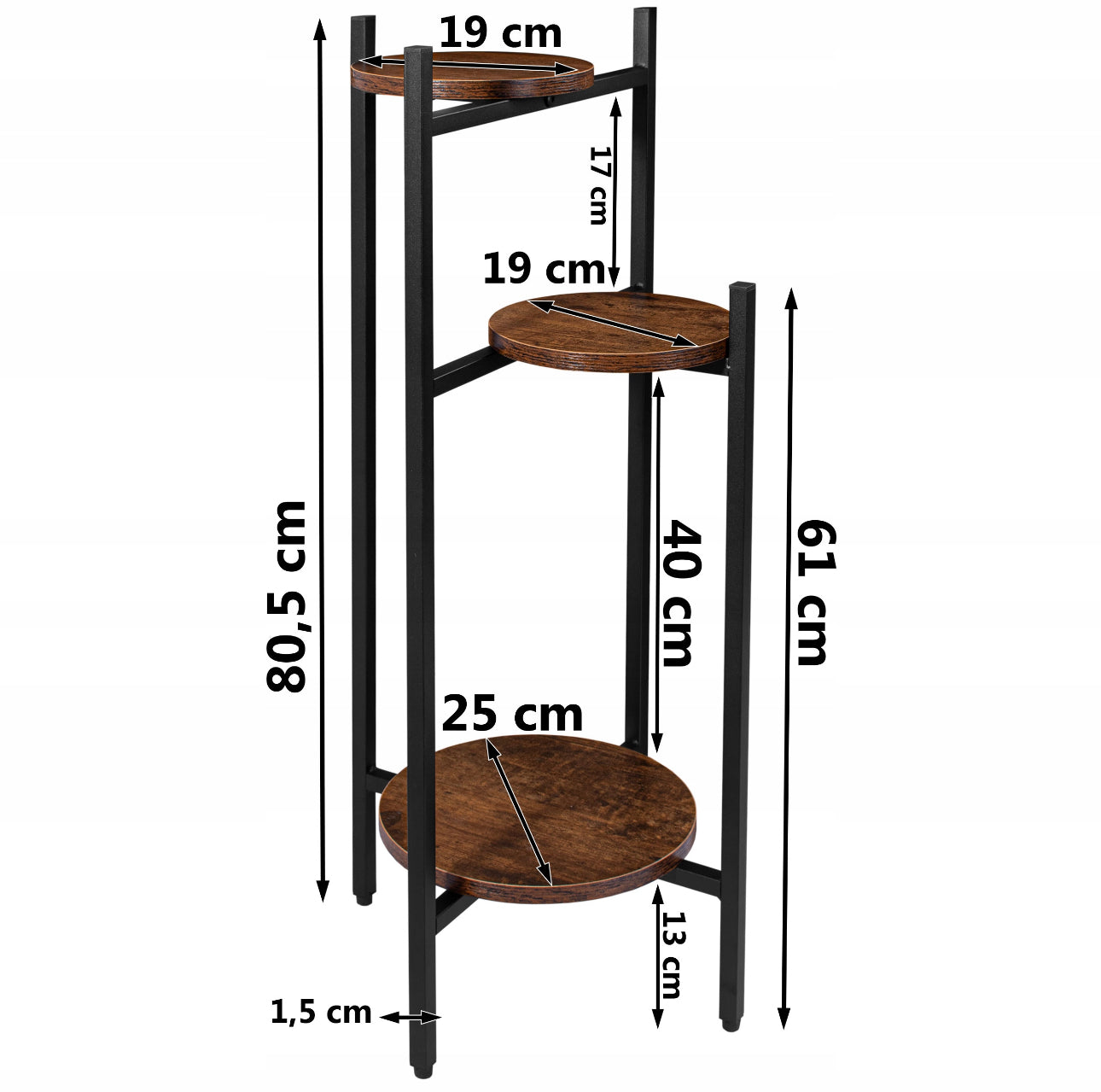 Plantestativ i metall og rustikk tre med 3 hyller, høyde 80,5 cm, bredde 35 cm, farge svart og eik. Perfekt for planter og dekorasjoner, robust og moderne design.