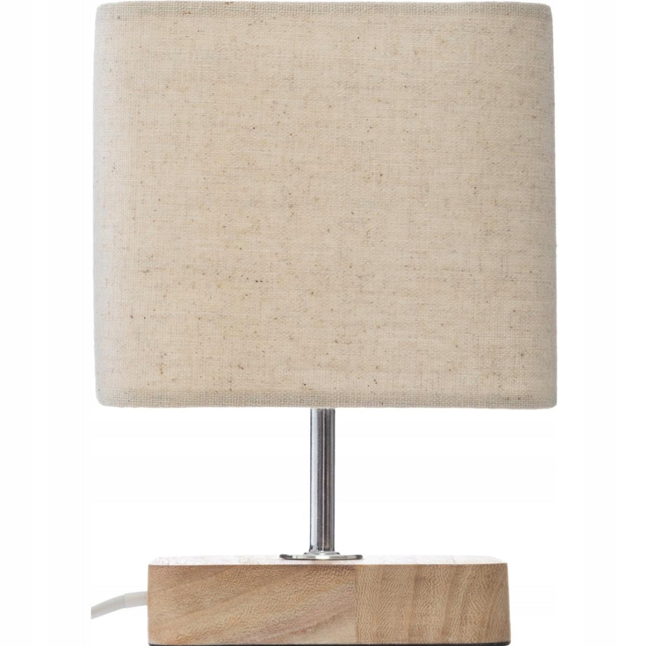 Skandinavisk bordlampe med beige tekstilskjerm og naturlig trebunn, 21 cm høy. Perfekt for stue eller soverom, laget av tre og tekstil.