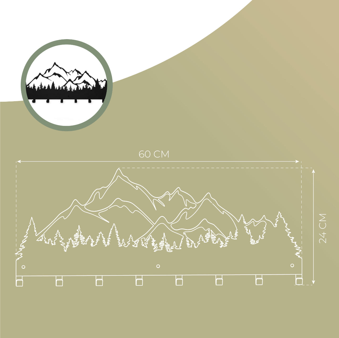 Vegghengt knaggrekke med fjellmotiv, 60x24 cm, svart pulverlakkert stål med 7 solide kroker – moderne og dekorativ oppbevaring til entré og gang.