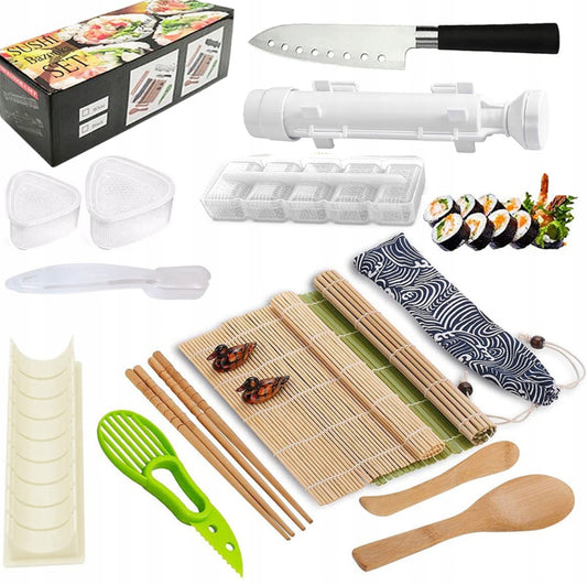 Komplett sushi-sett med bambusmatter, plastformer, skarp kniv og verktøy i rustfritt stål – naturlige materialer og slitesterkt design, ideelt for hjemmelaget sushi.