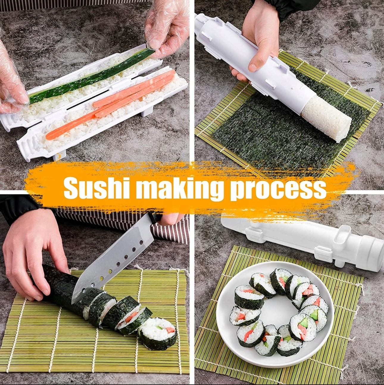 Komplett sushi-sett med bambusmatter, plastformer, skarp kniv og verktøy i rustfritt stål – naturlige materialer og slitesterkt design, ideelt for hjemmelaget sushi.