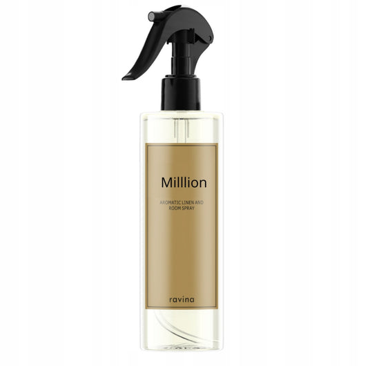 Room Spray Million fra Ravina – maskulin og luksuriøs duftspray for hjem, bil og kontor med orientalske noter av mynte, appelsin, rav og patchouli i en stilren design.