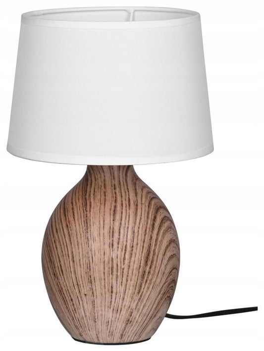 Elegant bordlampe Activejet AJE-CORNELIA med hvit tekstilskjerm og keramisk base i tremønster, høyde 31 cm og diameter 20 cm, tilpasset E14-pære, perfekt for stue, soverom eller kontor.