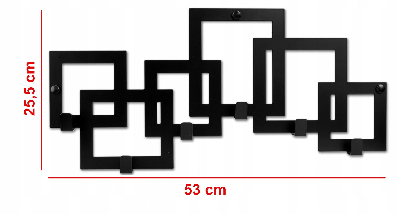 Moderne vegghengt knaggerekke i svart stål, 53x25,5 cm, med 6 kroker og geometrisk design – stilrent oppheng til gang, entre og bad. Slitesterkt materiale.