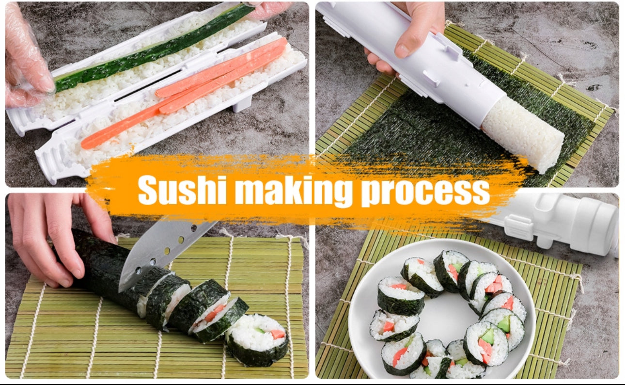 Komplett sushi-sett med bambusmatter, plastformer, skarp kniv og verktøy i rustfritt stål – naturlige materialer og slitesterkt design, ideelt for hjemmelaget sushi.