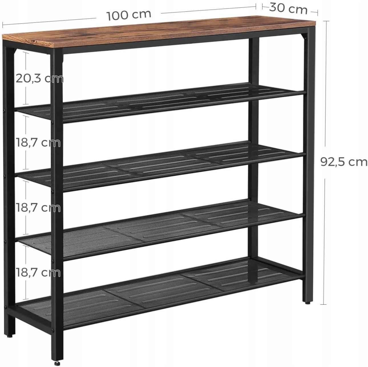 Industriell skohylle i rustikk brun og svart metall, størrelse 100x30x92,5 cm. Robust oppbevaring med 5 hyller i metallnett og slitesterk treplate. Justerbare føtter for stabilitet.