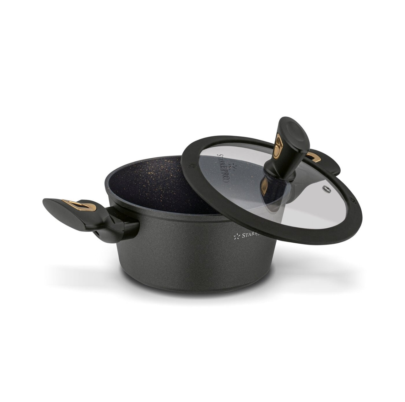 Starke Pro Dark Gold kokekarsett, 10 deler, med slitesterk non-stick marmorbelegg, svart med gull detaljer. Inkluderer gryter (18 cm, 20 cm, 24 cm) og stekepanner (24 cm, 28 cm). Passer til induksjon, gass og keramiske kokeplater. BPA-fri og miljøvennlig design.