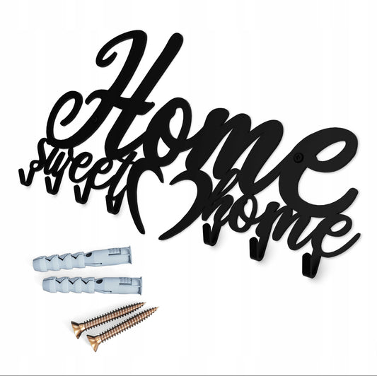 Vegghengt knaggrekke ‘Home Sweet Home’ i svart stål, 29x11 cm med 5 kroker. Perfekt til nøkler, jakker og vesker. Dekorativ og slitesterk design.