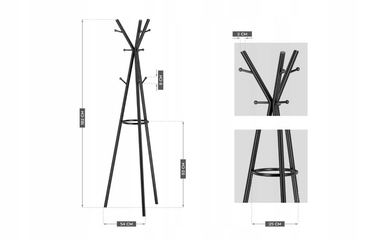 Frittstående klesstativ i solid svartlakkert metall, høyde 182 cm, bredde 54 cm. Moderne og plassbesparende design med 9 kroker og paraplyholder – perfekt for gang, soverom eller kontor.