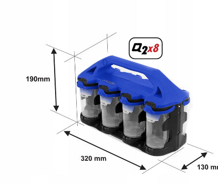 Portabel oppbevaringsboks QuestSystem Q2x8 med 8 transparente beholdere i oransje og svart plast, måler 320x130x185 mm, ideell for smådeler og festemidler.