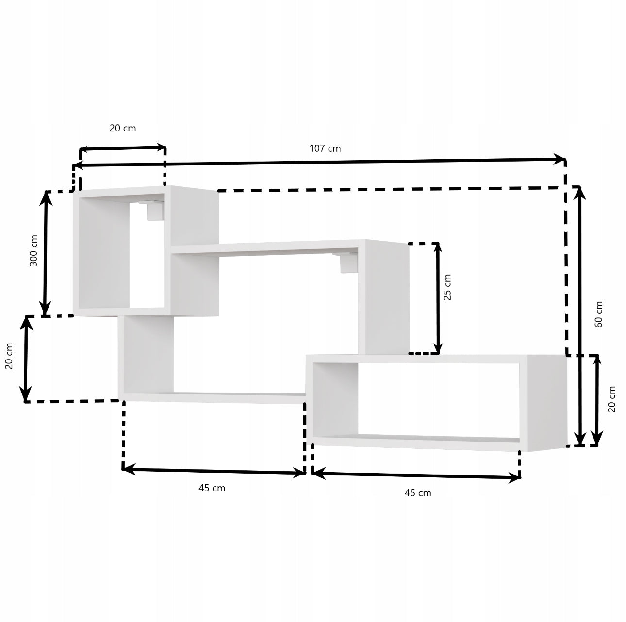 Hvit vegghylle 107x60x20 cm, laget av slitesterk 18 mm laminert plate med matt finish. Perfekt for oppbevaring av bøker og dekorasjoner i stue eller soverom. Stilren og moderne design.