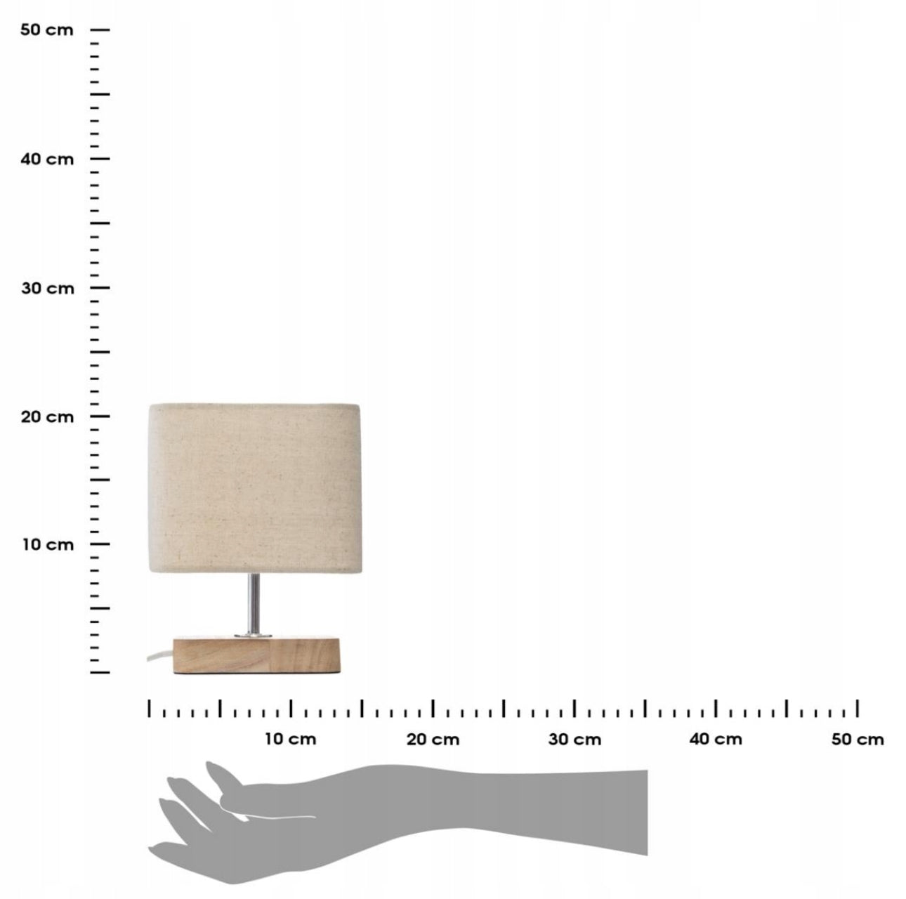 Skandinavisk bordlampe med beige tekstilskjerm og naturlig trebunn, 21 cm høy. Perfekt for stue eller soverom, laget av tre og tekstil.