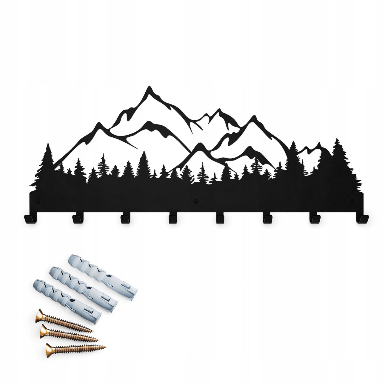 Vegghengt knaggrekke med fjellmotiv, 60x24 cm, svart pulverlakkert stål med 7 solide kroker – moderne og dekorativ oppbevaring til entré og gang.