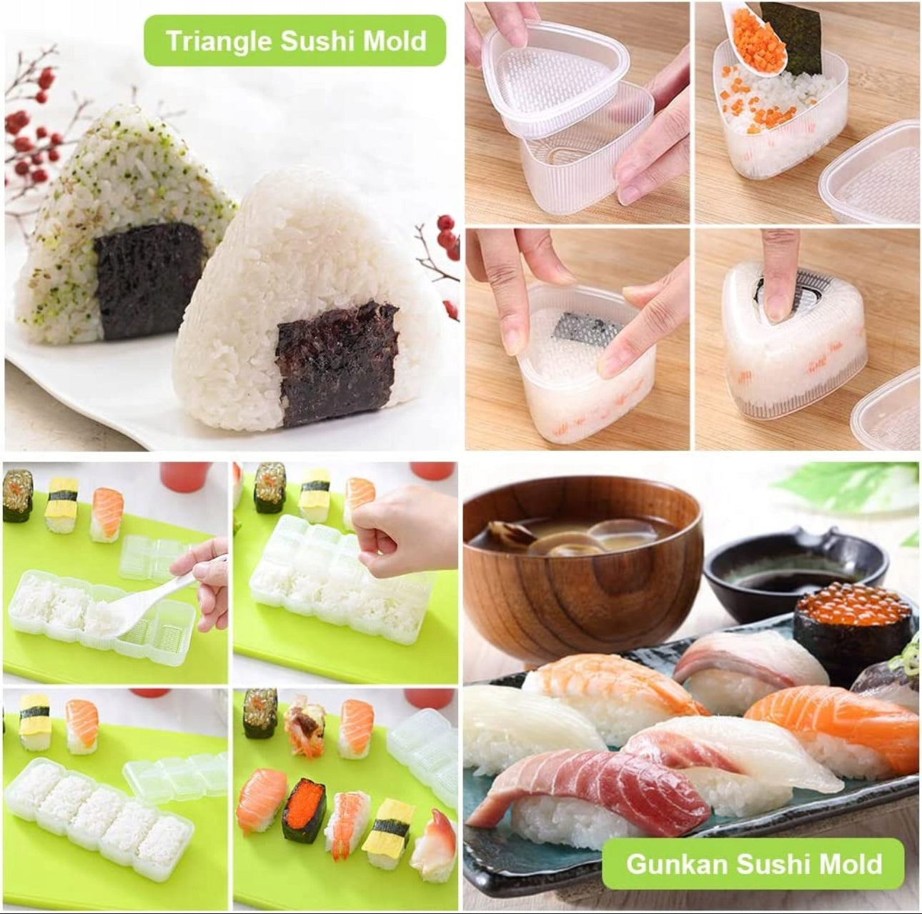 Komplett sushi-sett med bambusmatter, plastformer, skarp kniv og verktøy i rustfritt stål – naturlige materialer og slitesterkt design, ideelt for hjemmelaget sushi.