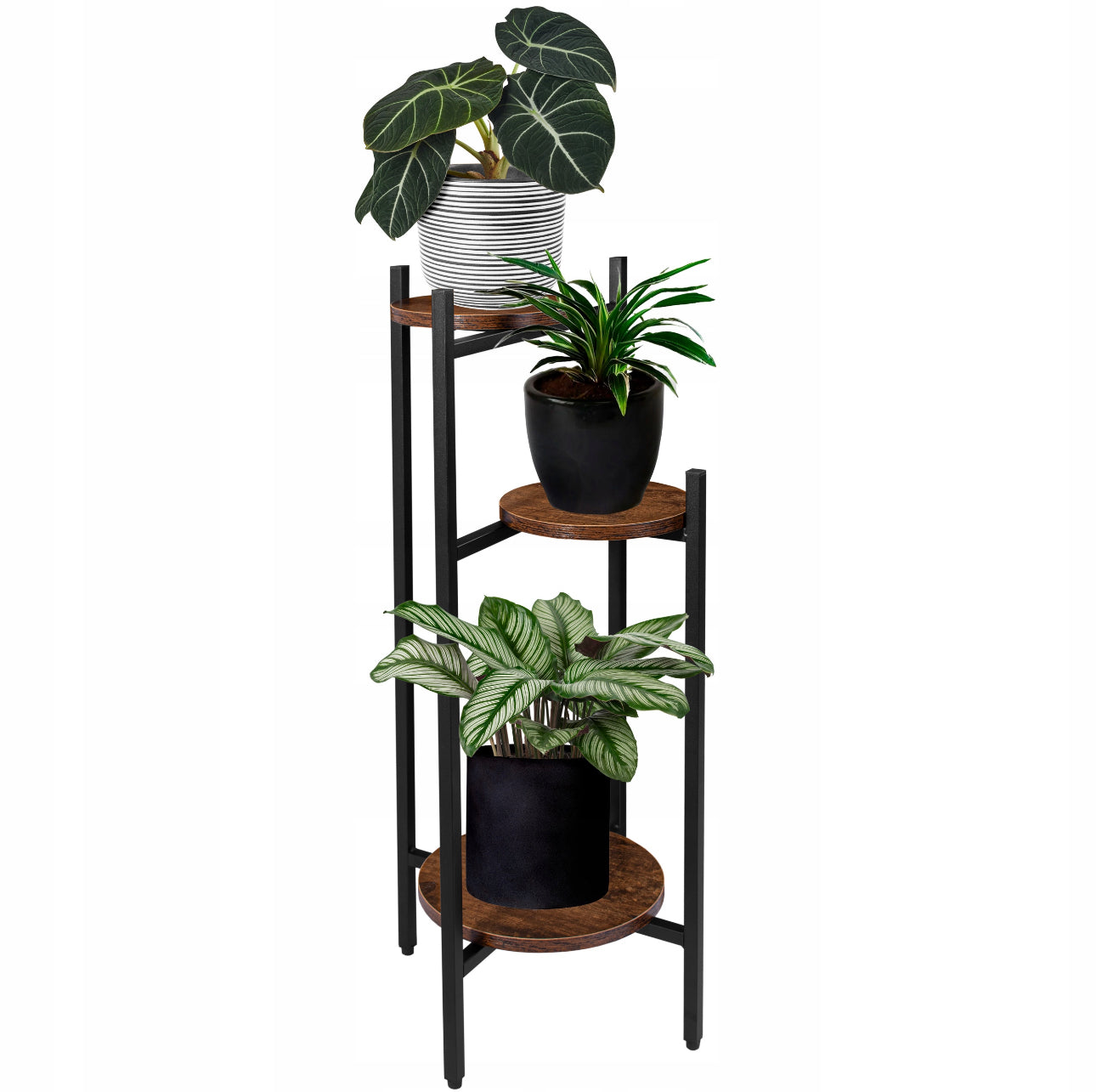 Plantestativ i metall og rustikk tre med 3 hyller, høyde 80,5 cm, bredde 35 cm, farge svart og eik. Perfekt for planter og dekorasjoner, robust og moderne design.