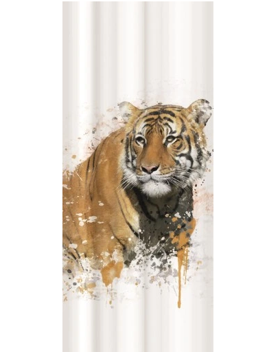 WILD MAJESTIC TIGER DUSJFORHENG - STØRRELSE 180X200CM - HVIT FARGE MED EN MAJESTETISK TIGER SOM MOTIV - FØLGER MED 12 STK OPPHENGSRINGER