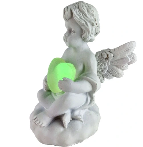 MAGISK ENGLESTATUE MED LED-LYSENDE HJERTE - ROMANTISK SKIFTENDE FARGER - EKSKLUSIV 11X7CM SAMLEROBJEKT