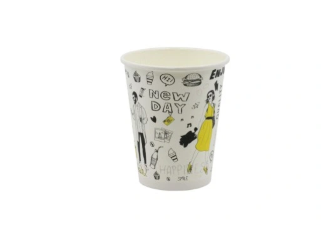 NEW DAY BREW - 100STK ENGANGS PAPIR KOPPER FOR KAFFE MED MOTIVET "NEW DAY" OG PRAKTISKE LOKK (250ML)