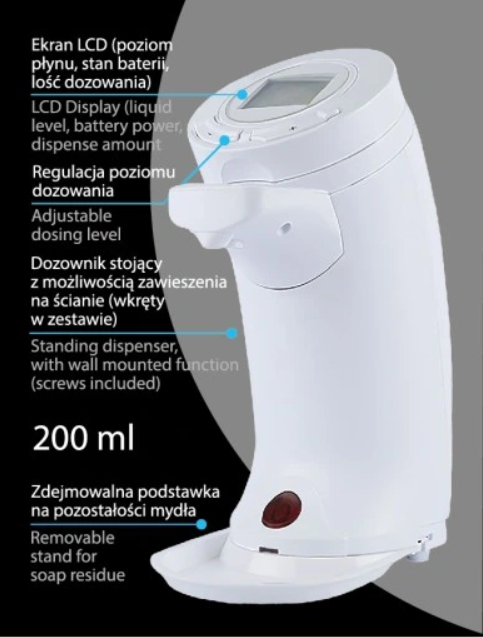 EFFEKTIV 200ML AUTOMATISK SÅPEDISPENSER MED LCD SKJERM OG INFRARØD SENSOR