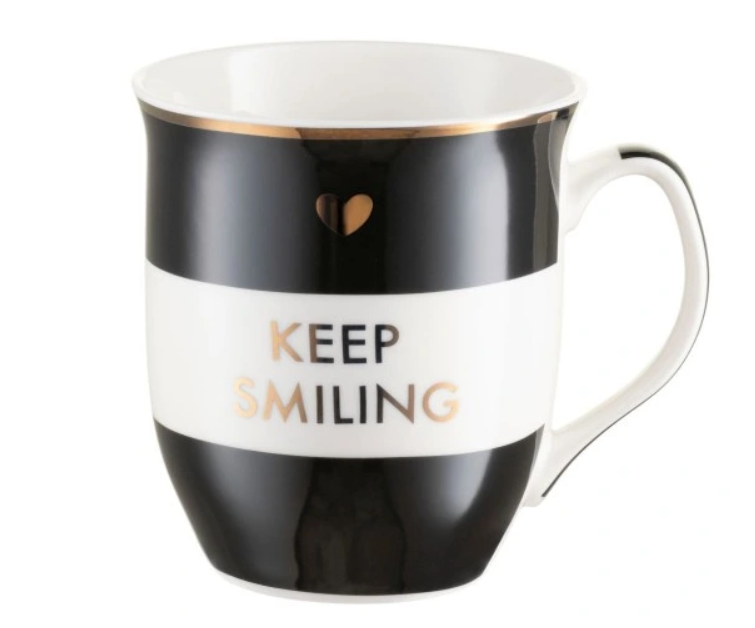 KEEP SMILING - SORT OG HVITT PORSELENSKRUS MED 540ML KAPASITET