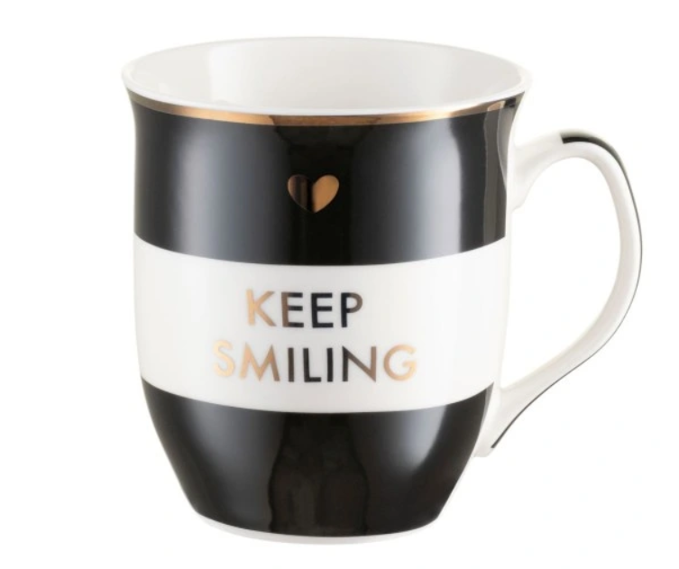 KEEP SMILING - SORT OG HVITT PORSELENSKRUS MED 540ML KAPASITET