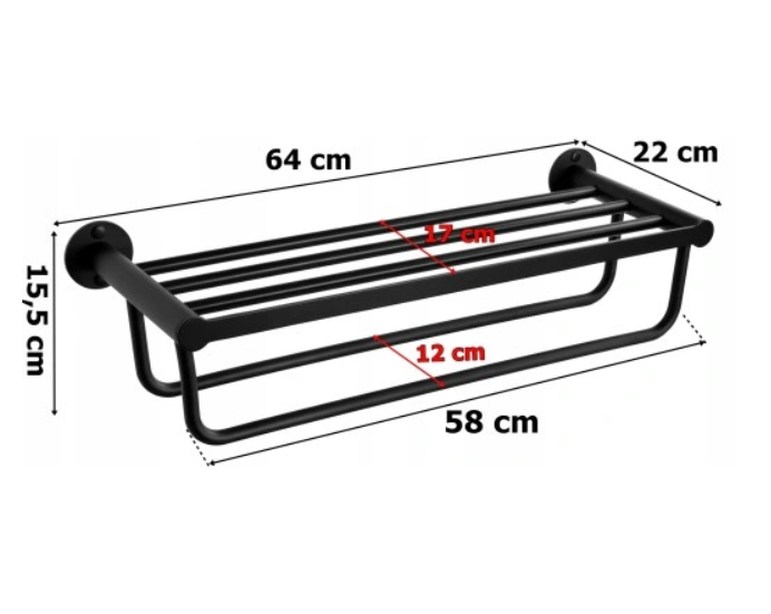 LOFT SORT MATT SORT VEGGMONTERT HÅNDKLEHOLDER MED HYLLE - 64X15,5X22CM