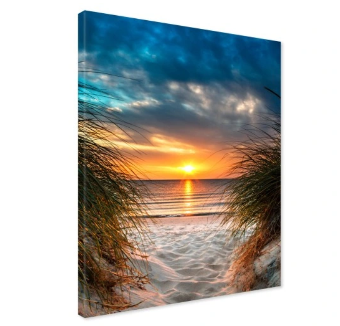 SOLNEDGANG VED STRANDEN - STORT DIGITALTRYKK PÅ LERRET MED AVSLAPPENDE STRANDMOTIV - 80X120CM