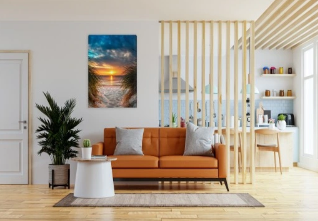 SOLNEDGANG VED STRANDEN - STORT DIGITALTRYKK PÅ LERRET MED AVSLAPPENDE STRANDMOTIV - 80X120CM