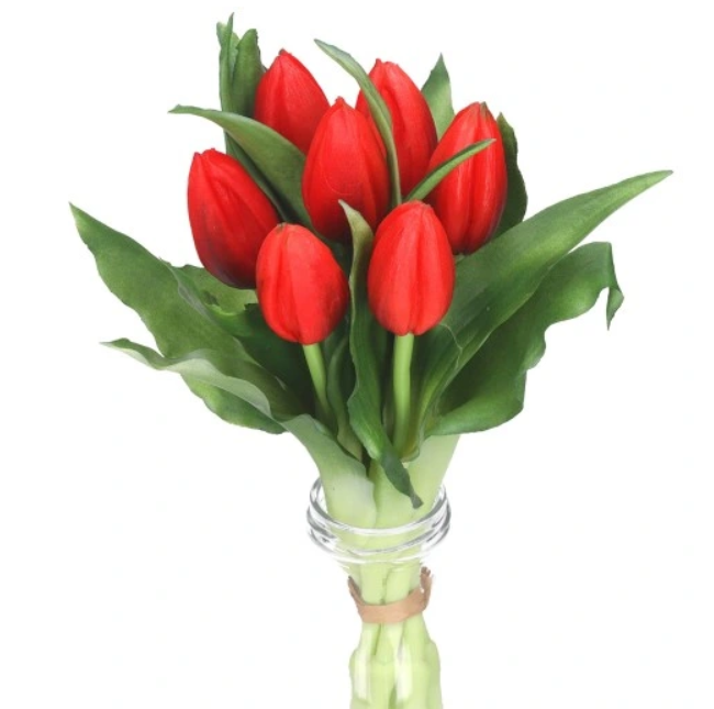 KUNSTIG BLOMSTERBUKETT - NYDELIGE RØDE TULIPANER (7STK) - 28CM HØY